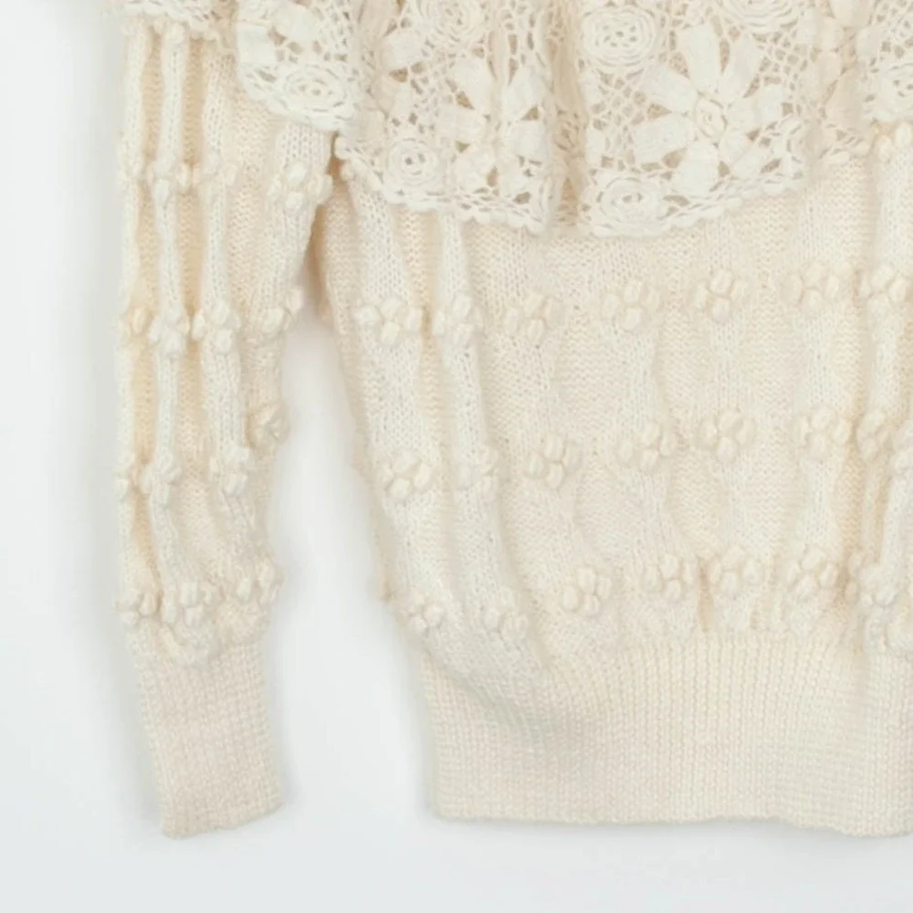 Catharine Lover‎ Womens Hand Knitted Victorian Style Wool Sweater Size L Ivory
